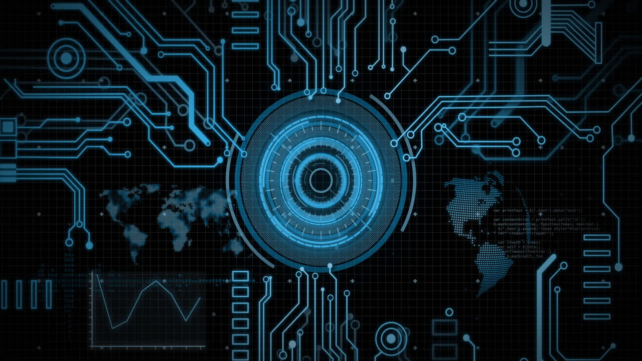 Animation of data processing with scope scanning on black background