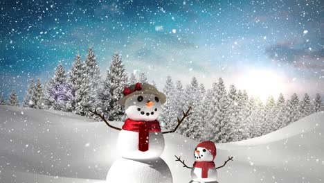 Animation-of-snow-falling-over-snowman-in-winter-landscape