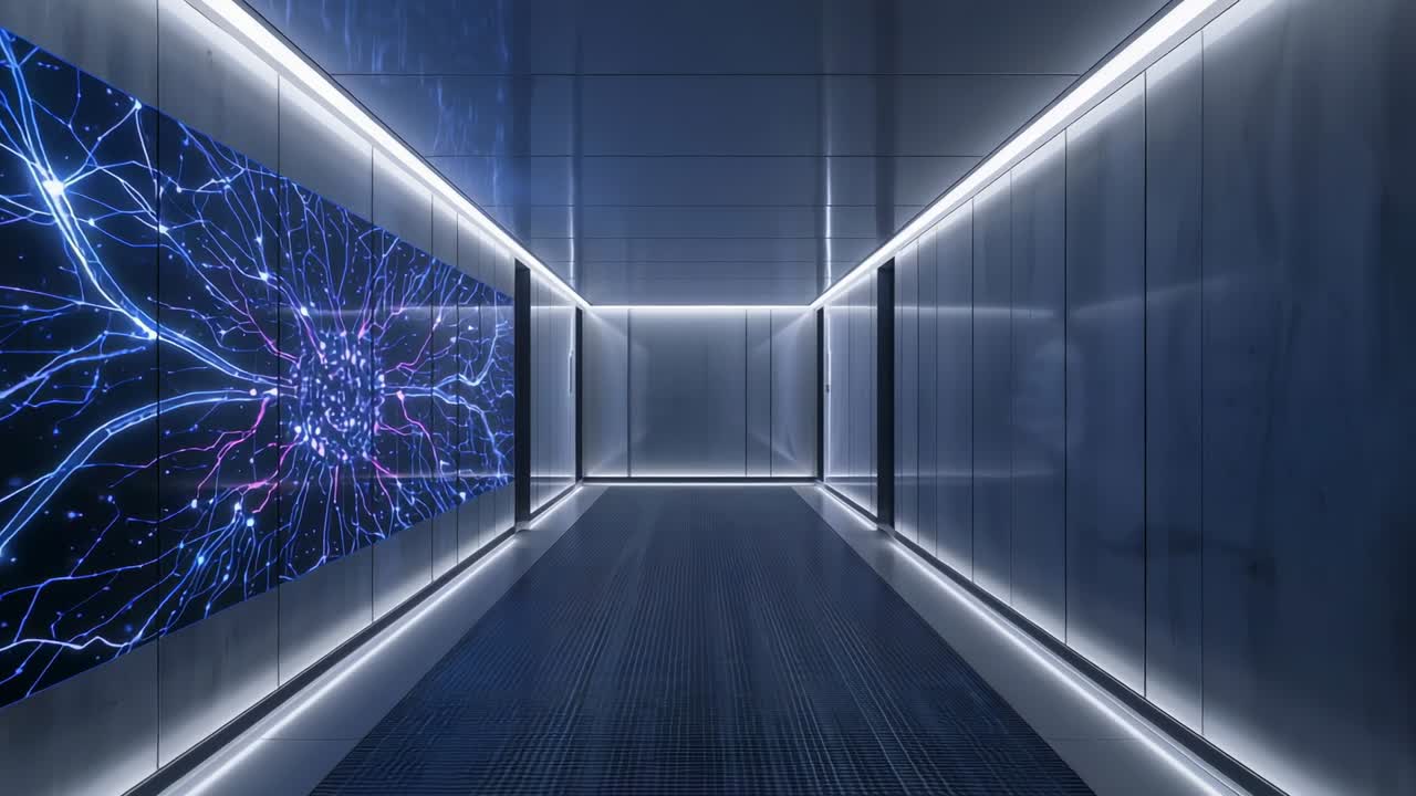 Intensifying display animating LED strips in corridor, camera advancing and revealing sliding door