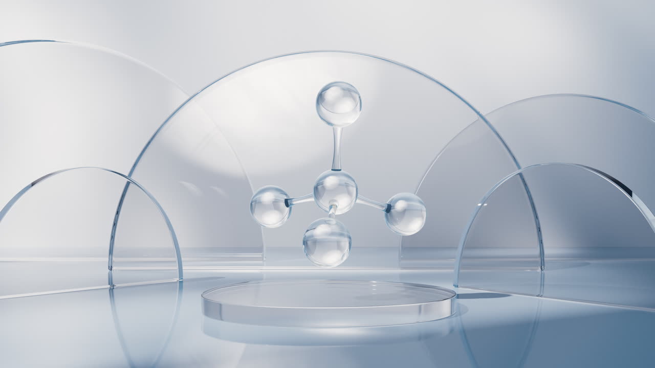 molécula con fondo de geometría de vidrio, representación en 3d.