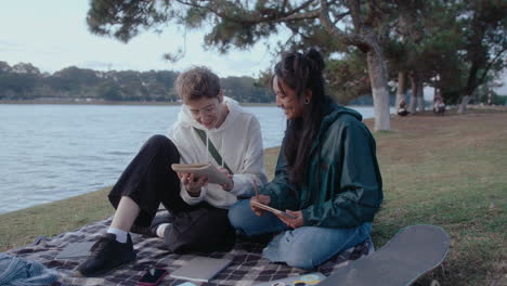 female students discussing homework in the park