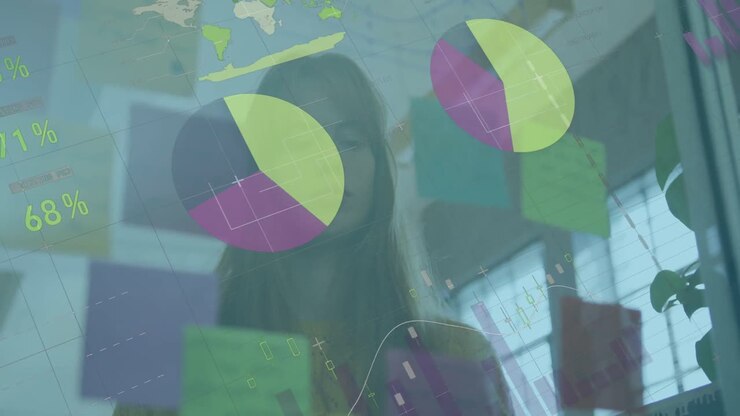 Animation of infographic interface over caucasian woman sticking notes on transparent wall