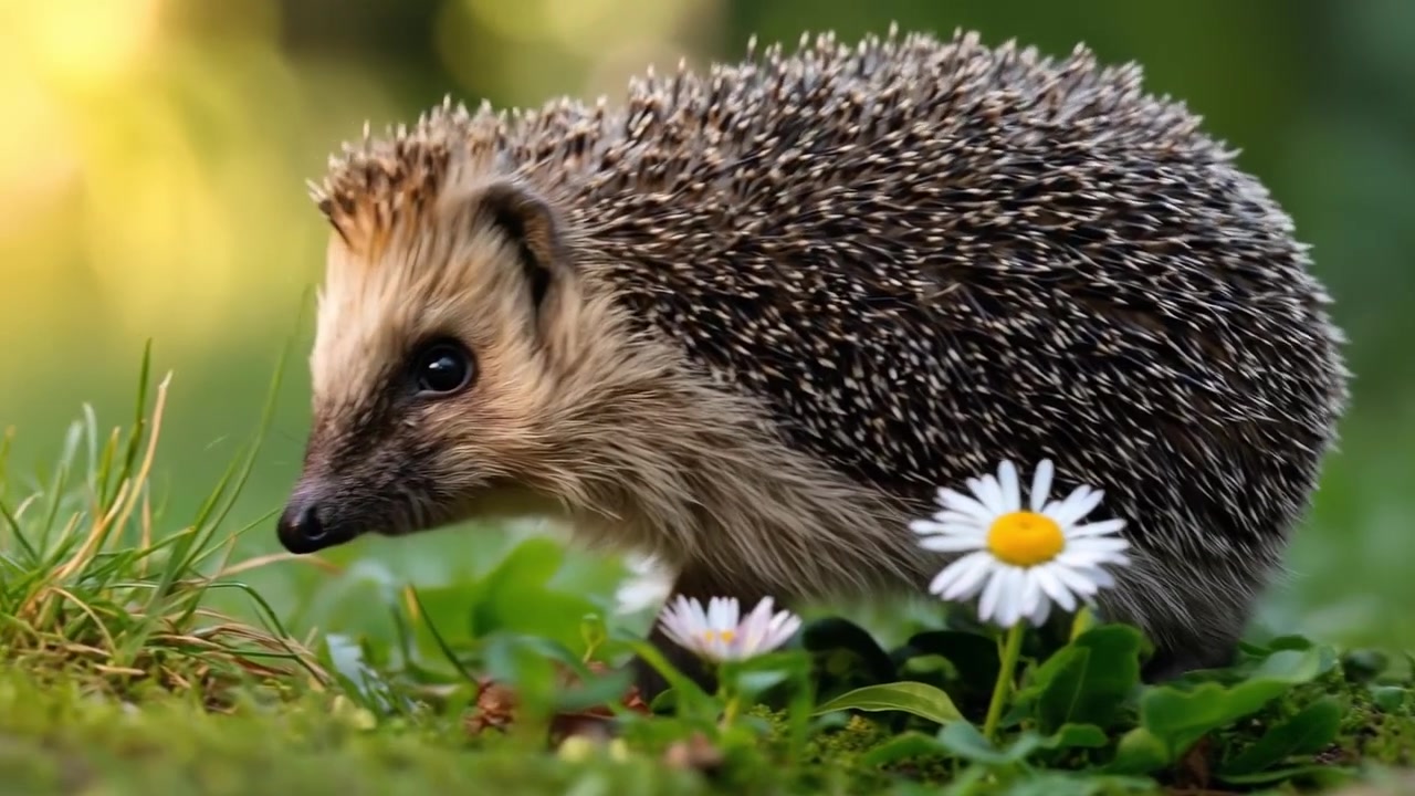Riccio europeo che cammina su muschio verde accanto a margherite bianche in fiore