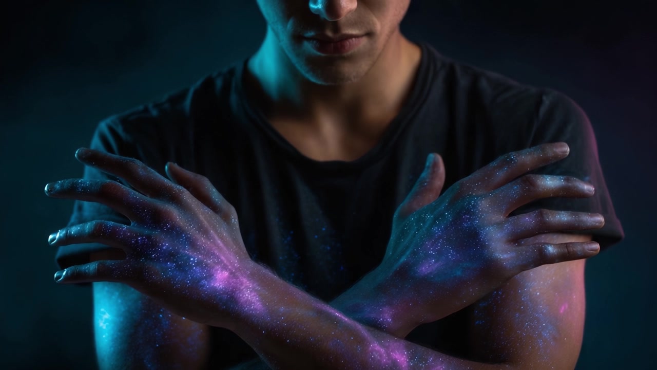 Un ritratto a tema cosmico di un uomo a braccia incrociate, che mostra mani con motivi galattici illuminate da tonalità vivaci su uno sfondo scuro, trasmettendo un senso di meraviglia.