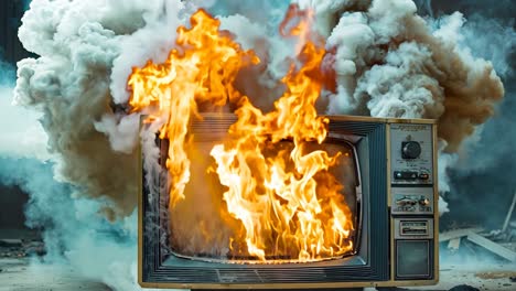 a television set on fire with smoke coming out of it