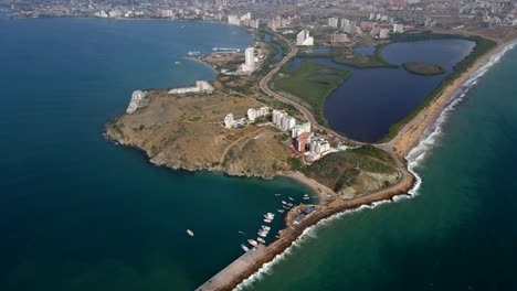 Aerial-view-of-the-coastal-areas,-residential-real-estates,-and-hotel-accommodations-in-Porlamar,-located-in-Margarita-Island-in-the-country-of-Venezuela