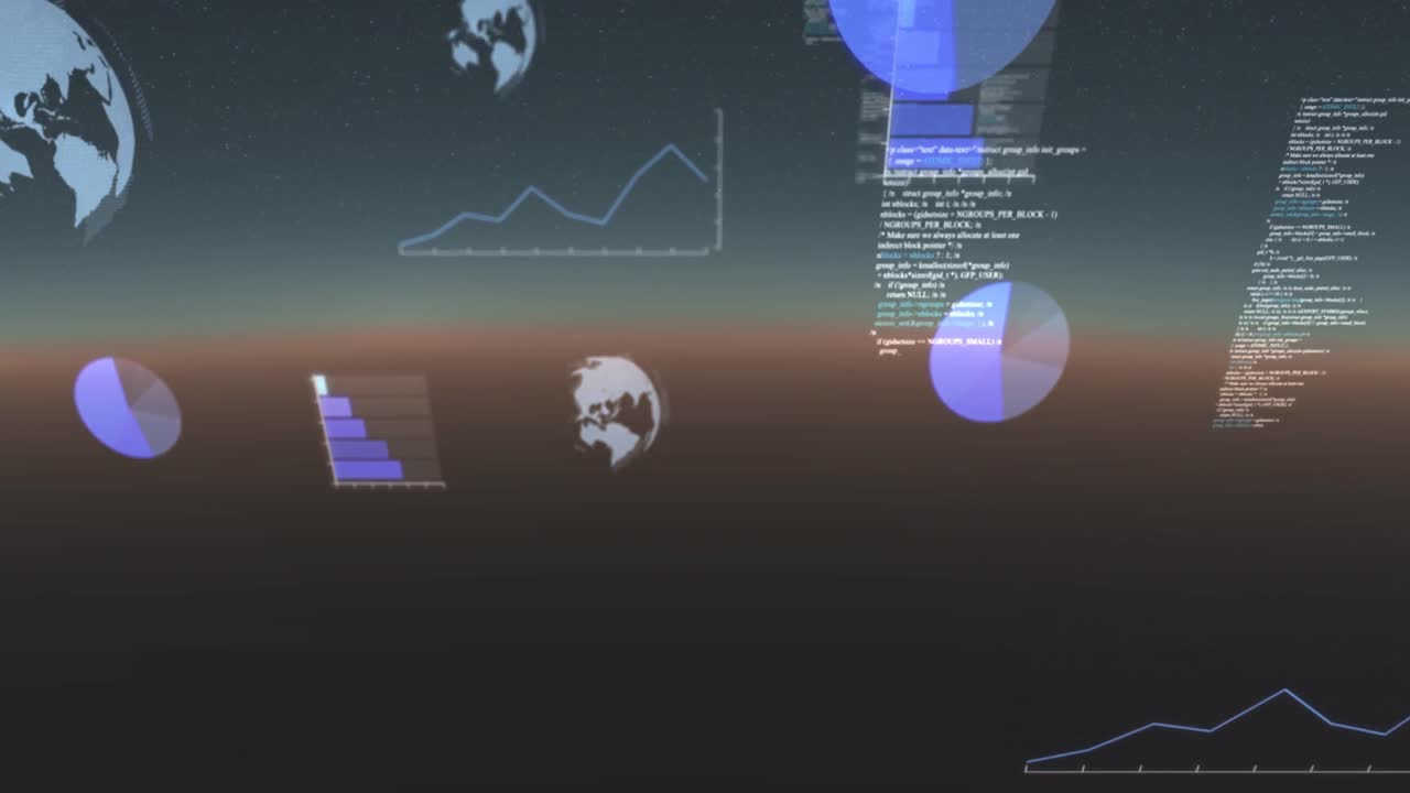 Animation of data processing, globes spinning and statistics recording on gradient background