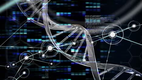 animation of dna strand and network of connections over light trails