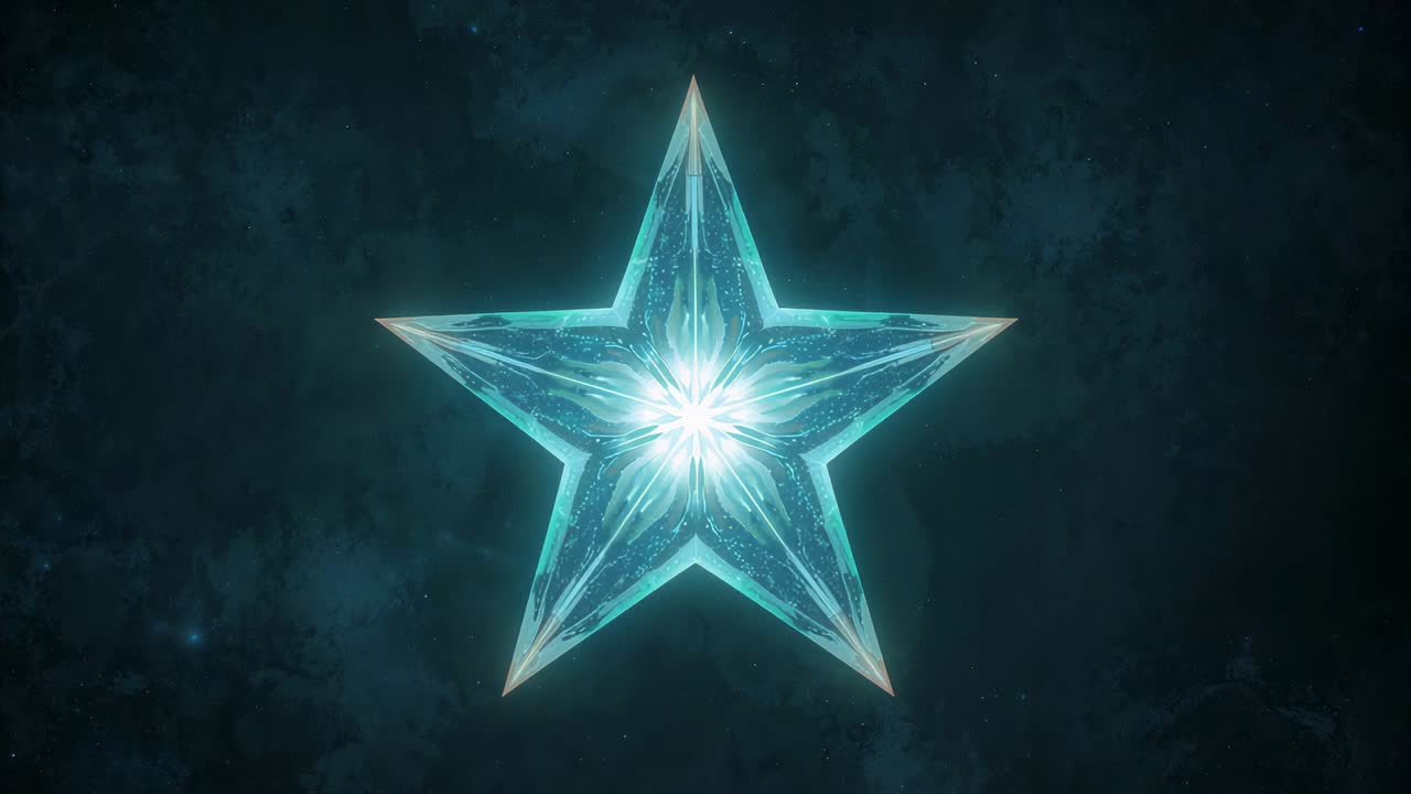 Brightening 5-pointed star glowing and transforming into warm gold in dark nebula with floral core