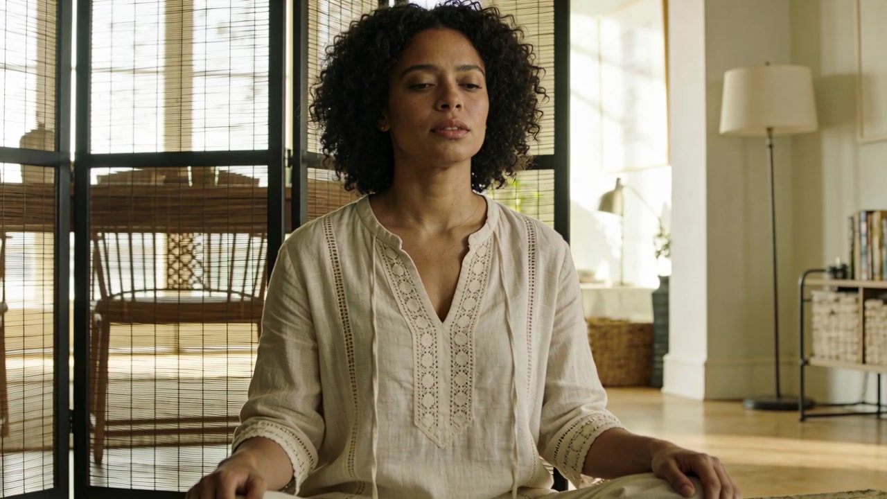 Donna con top ricamato che prende un respiro, spostandosi e aprendo gli occhi su un tappeto di casa per la meditazione.