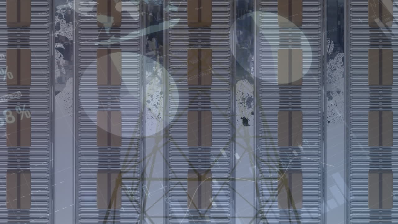 animación del procesamiento de estadísticas sobre cajas de cartón en cintas transportadoras