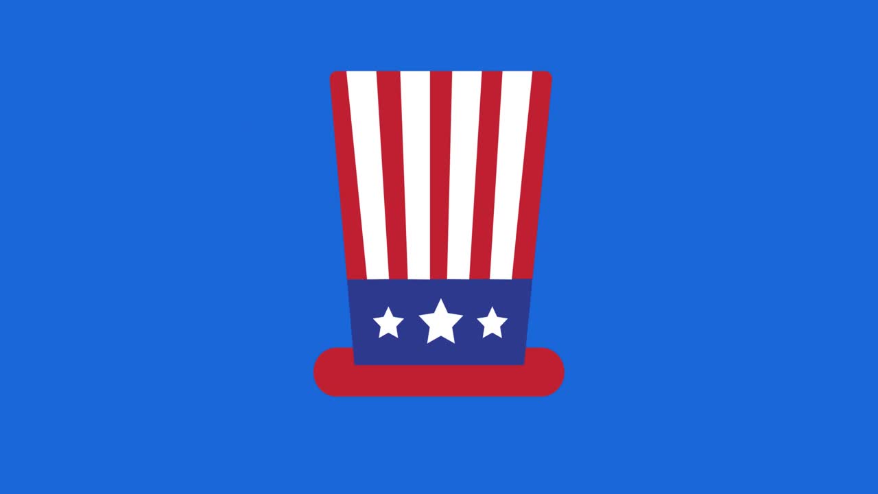 Animation of american flag top hat on blue circle and white background