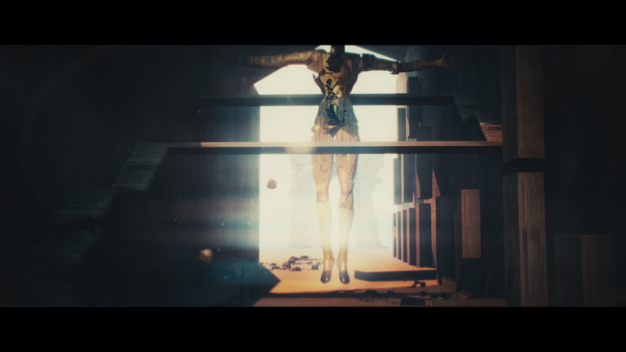 Suspended Figure in a Post-Apocalyptic Landscape