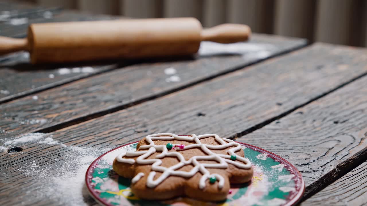 Rustic video still of a gingerbread cookie on a wooden table, shot from a low angle, with a rolling