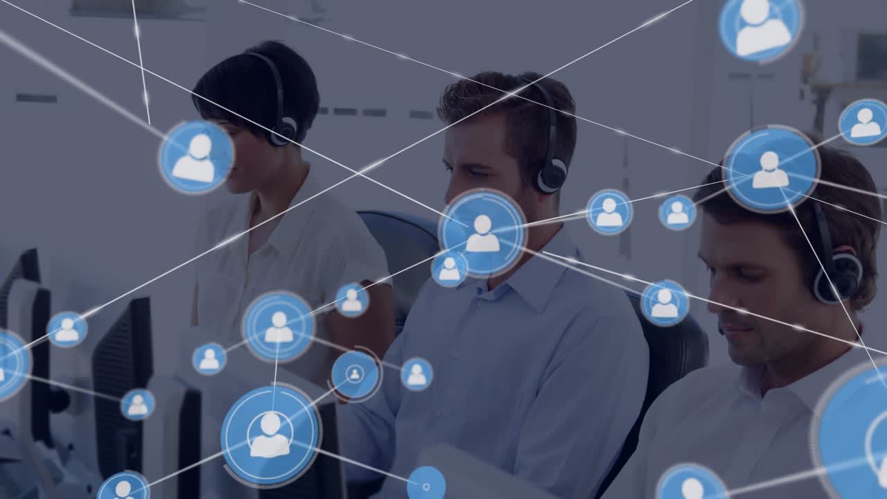 Animation of network of connection with icons over business people wearing phone headsets