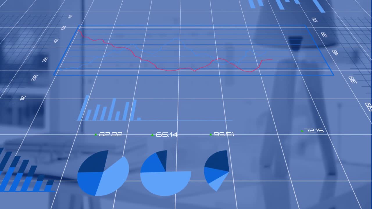 Animation af statistik og finansiel databehandling over et skrivebord på et kontor