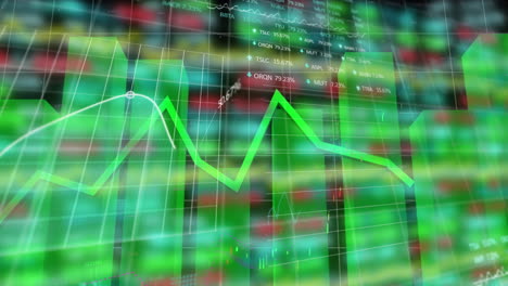 animation of statistics and financial data processing with green line over grid