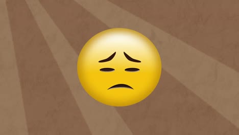 digital animation of sad face emoji against moving radial rays on brown background