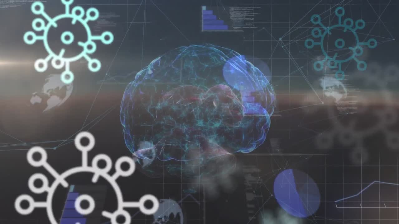 animación de las células de covid 19 con el cerebro humano girando