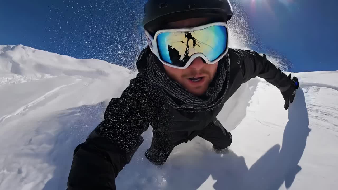 Dynamic action video of a snowboarder captured from a low-angle, showcasing a thrilling descent