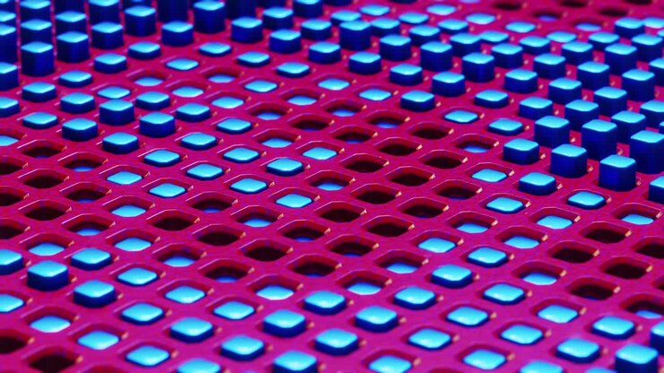 Blue buttons arranged in rows on a red surface. Infinitely looped animation
