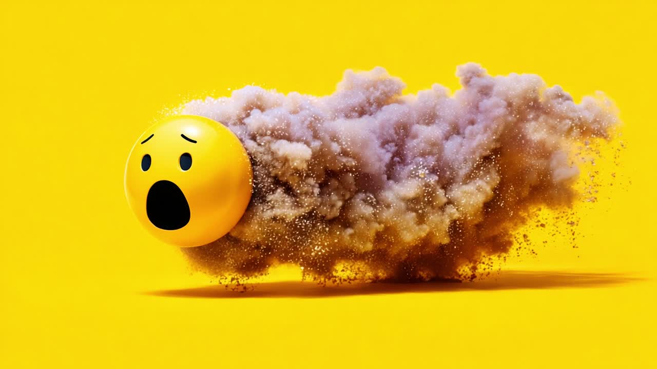 A vibrant yellow background contrasts with a dramatic scene of an expressive emoji face, bursting forward amidst a swirling cloud of dust and particles, evoking surprise and dynamism