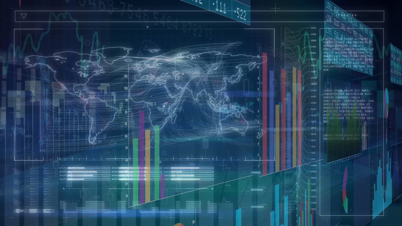 Animation of financial data processing over statistics and world map