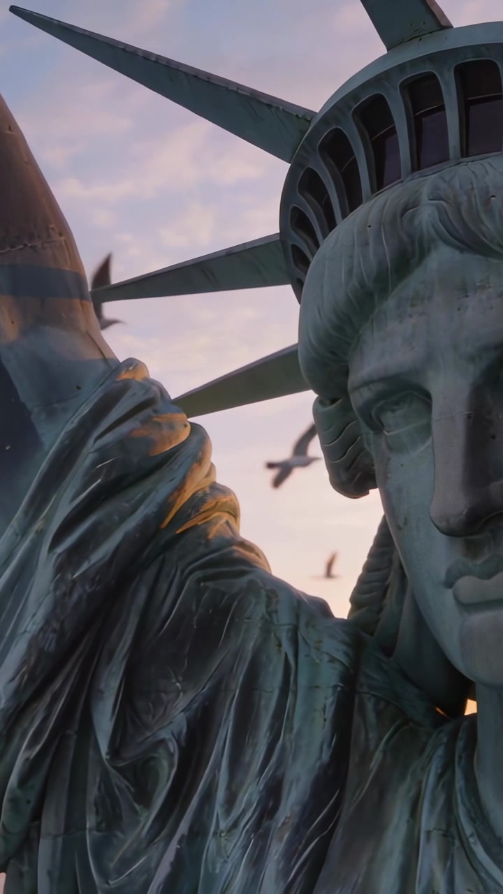 Video verticale: Telecamera che riprende il volto e la corona della Statua della Libertà al tramonto, mostrando patina e gabbiani