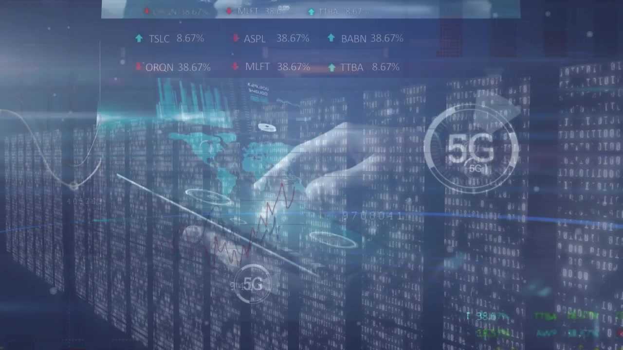 Animation of financial data processing over businessman wearing vr headsets