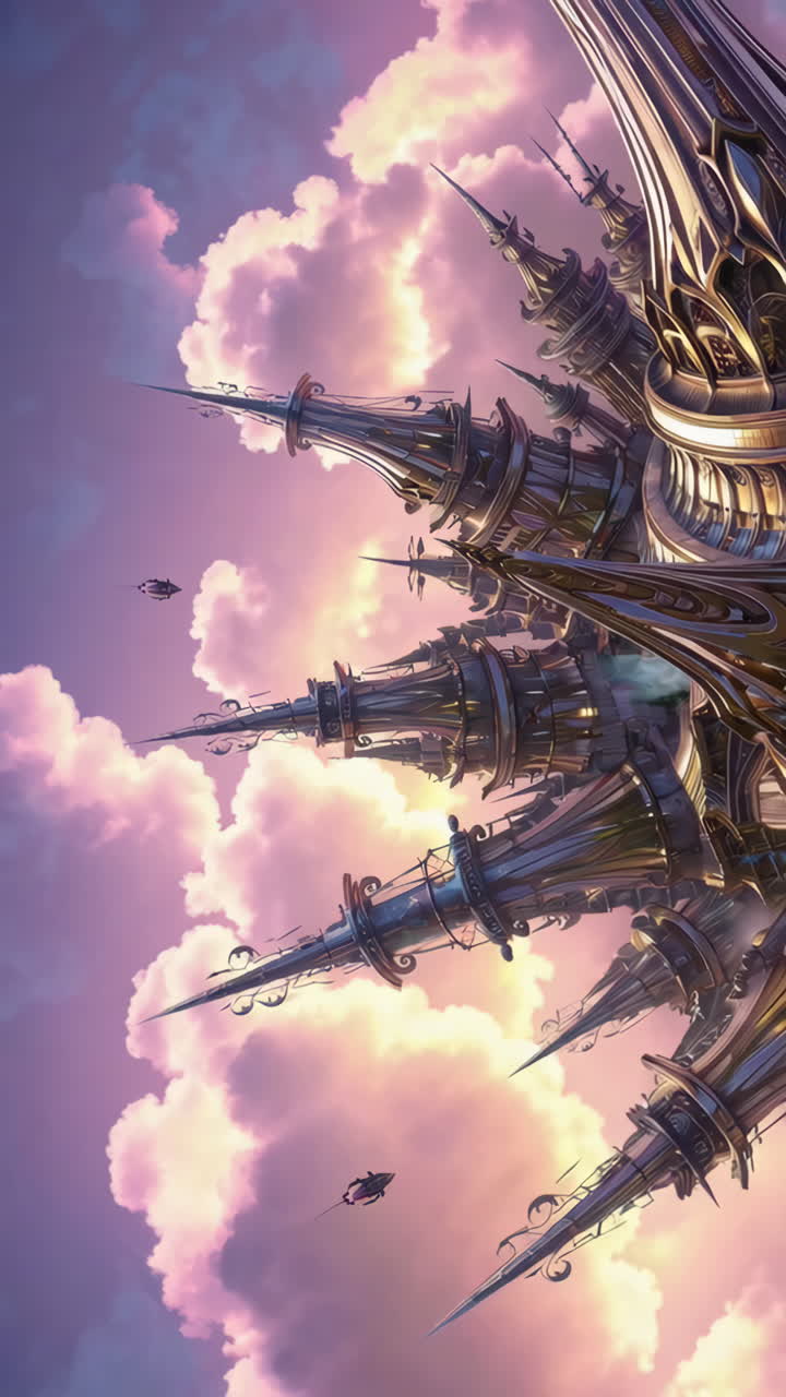 Ornate Futuristic City Floating Amidst Dreamy Pink Clouds
