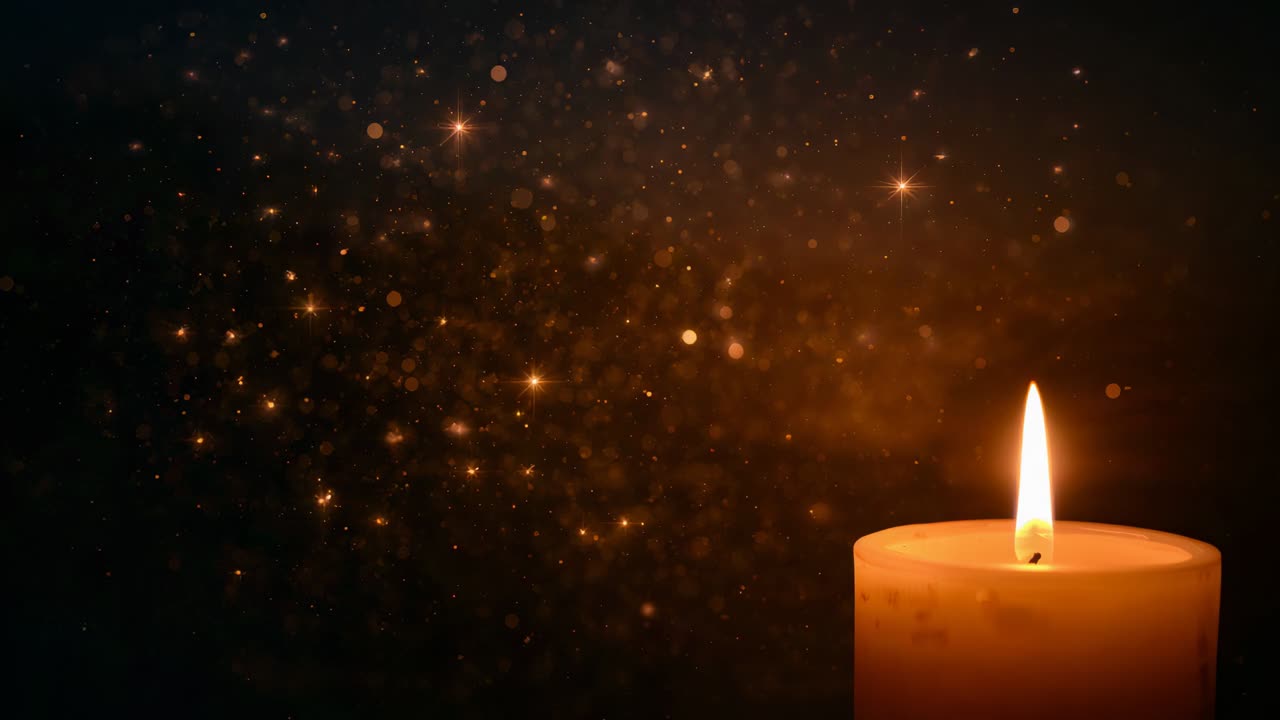 Burning pillar candle flame right, gold bokeh appearing and rising, forming warm glow, copy space