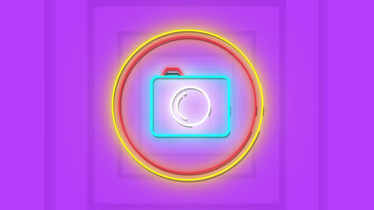 Glowing animation of neon camera icon over vibrant purple circular background