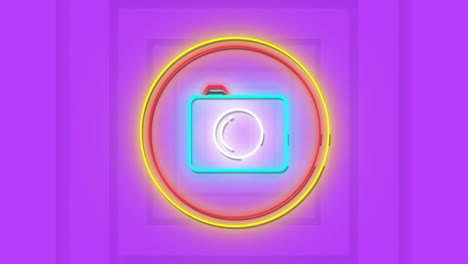 glowing animation of neon camera icon over vibrant purple circular background