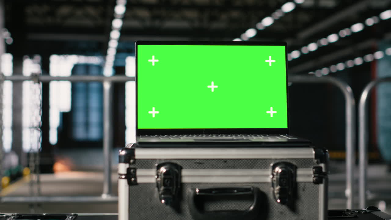 Chroma key di laptop di aula produksi kosong dengan mesin berat