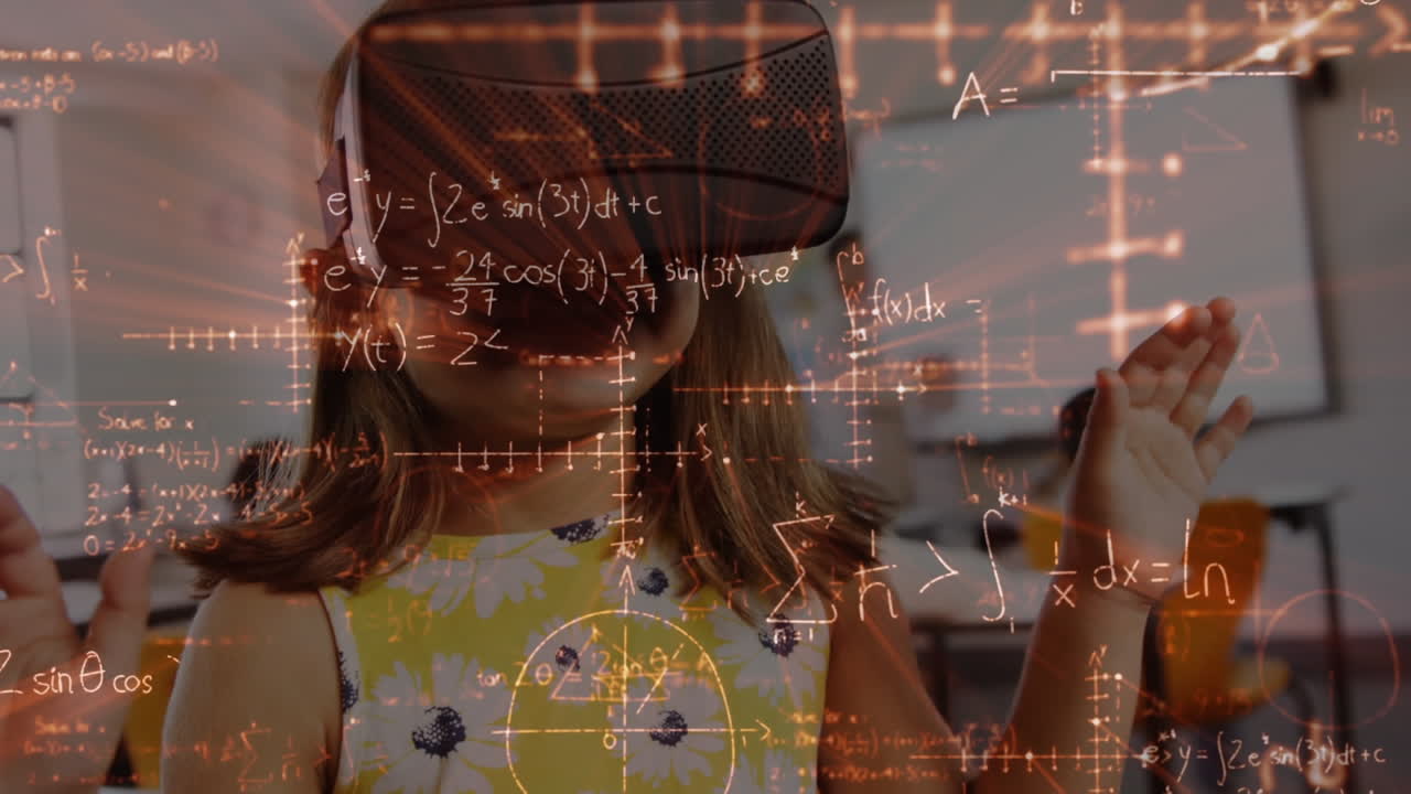 ecuaciones matemáticas flotando contra una chica caucásica que lleva auriculares vr en la escuela primaria