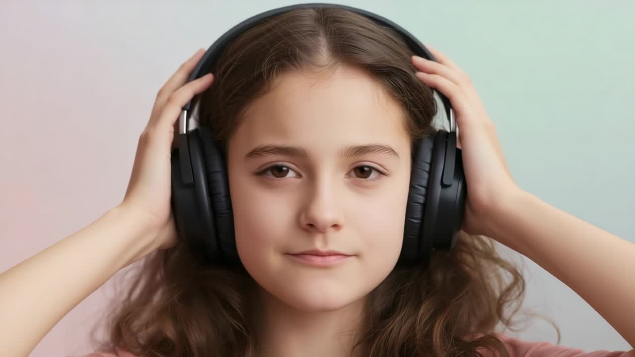 Mani che premono le cuffie nere di un'adolescente in studio, regolandole per l'ascolto, top rosa