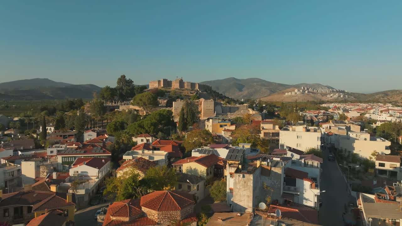 Selcuk, Turkey. Aerial View of Historic Town and Ancient Ayasuluk Castle, Drone Shot