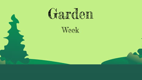 animación de paisaje con árboles y texto de la semana del jardín sobre fondo verde