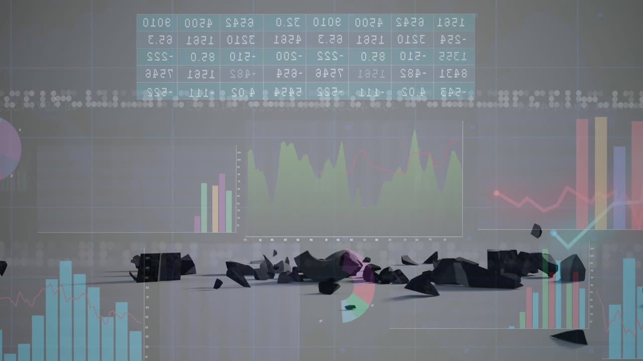 Abstract geometric shapes with financial graphs and data processing animation