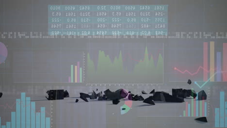 abstract geometric shapes with financial graphs and data processing animation