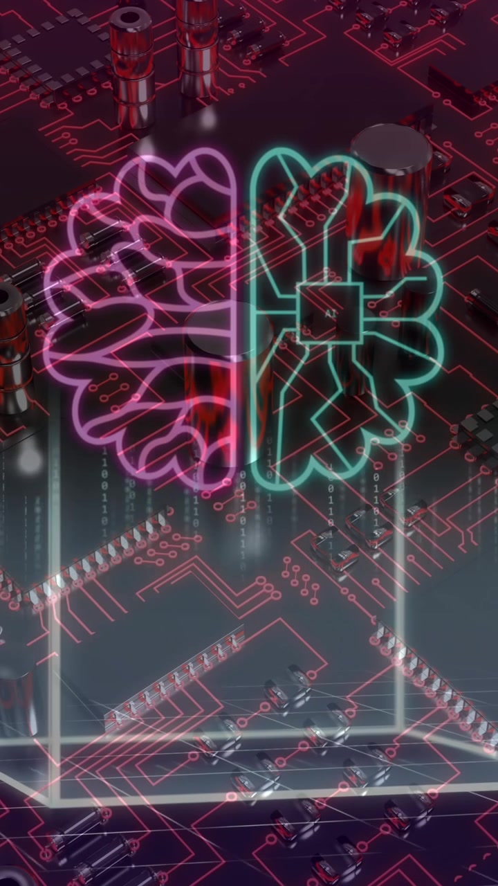 Animation of ai data processing and icons over computer circuit board background