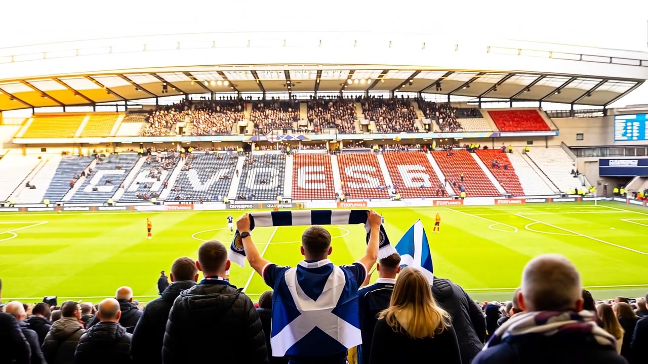 En supporter håller en draperad skotsk flagga, höjer en blåvit halsduk och stöder sitt lag på läktaren, medan kameran drar sig tillbaka.