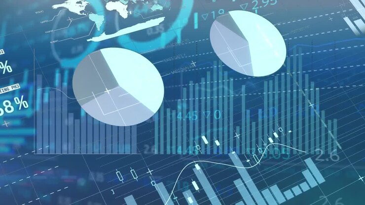Animation of statistics and financial data processing over grid and cityscape