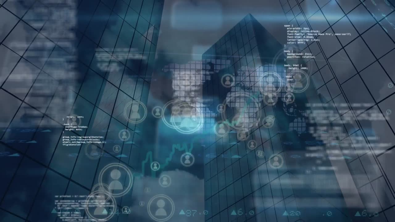 Animation of network of connections with icons and diverse data processing over skyscrapers