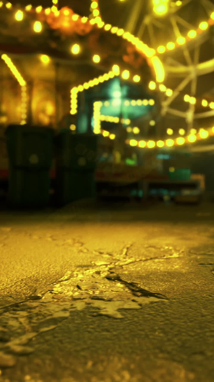 Bright lights illuminate carnival rides at night creating a festive atmosphere