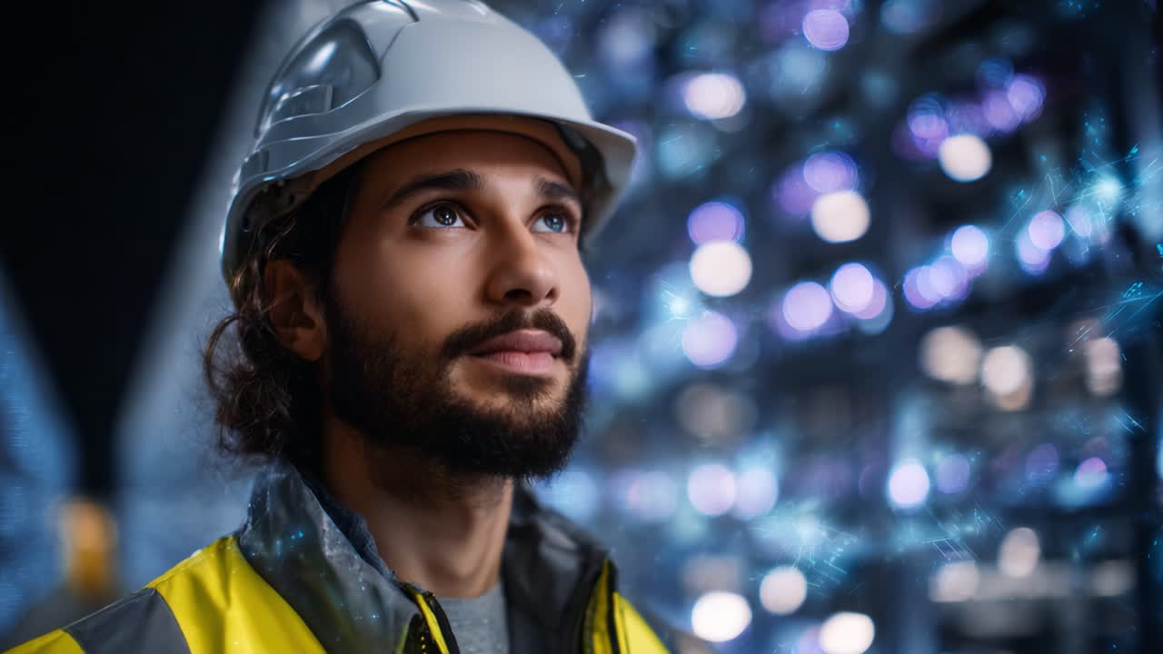 A focused engineer in a hard hat and safety vest contemplates the future of technology among illuminated server equipment in a modern data center