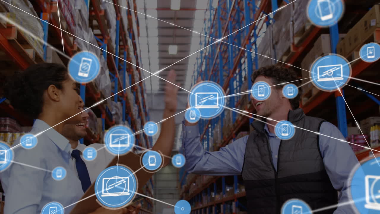 анимация сети соединений между различными работниками на складе