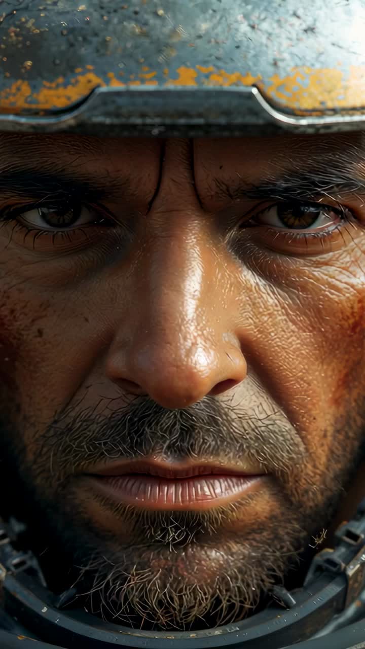 Vertical video: Camera focusing, man holding gaze in tank, bracing for combat with scuffed gear