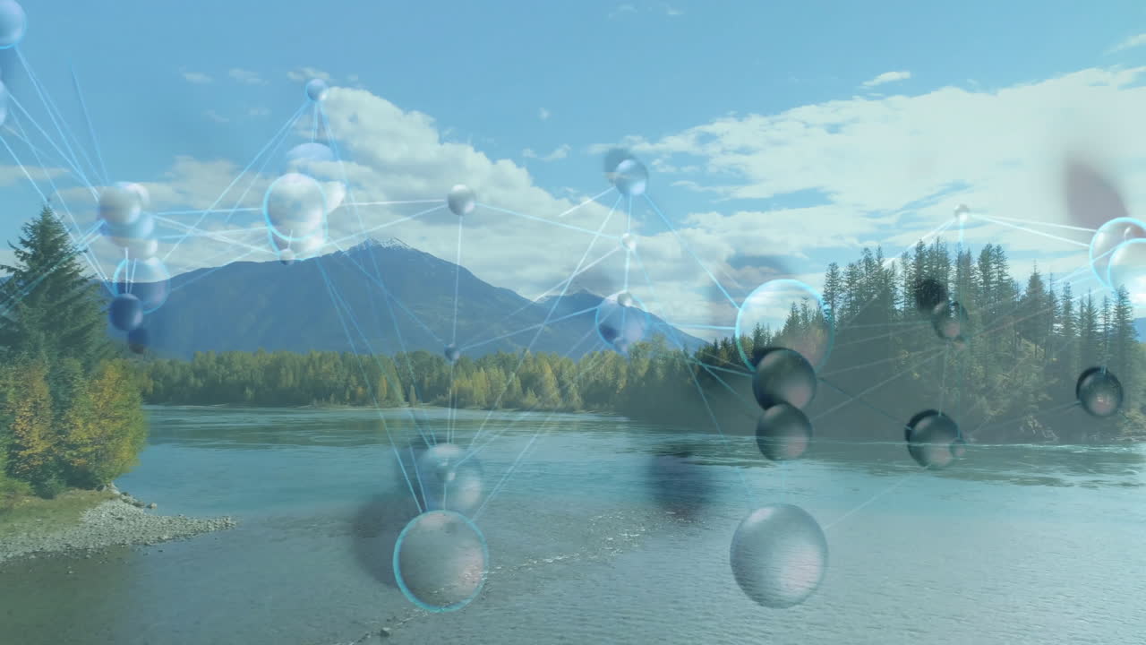 Digital network of translucent spheres flowing across mountain river, with glowing lines, 3D render