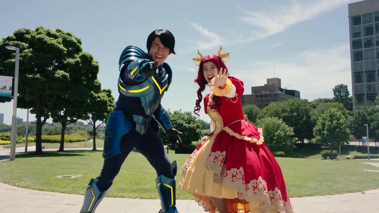 Parceiros de cosplay saindo de caixa na praça, com armadura azul e vestido vermelho-dourado, apontando e acenando para a câmera.
